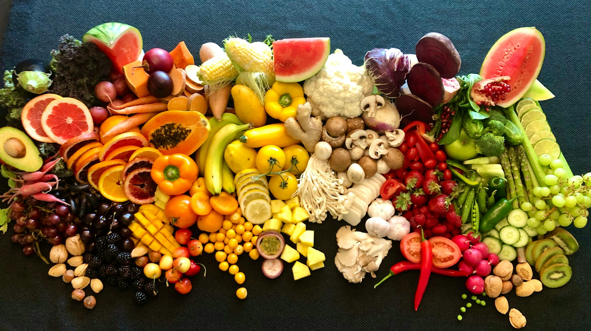 Colorful whole foods arranged for balanced nutrition